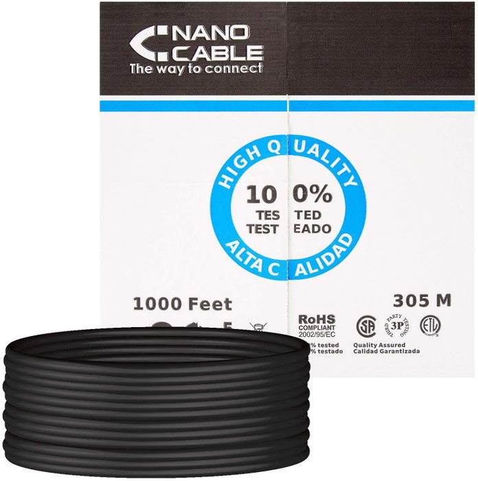 Nanocable Bobina de Cable de Red Cat6 UTP Rígido 305m Impermeable Negro